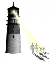 Lighthouse shining light on a family of four